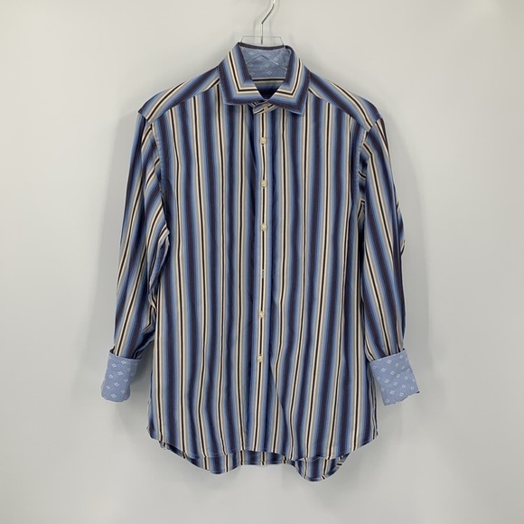Robert Graham blue brown stripe men shirt button cotton flip cuff Medium M - Picture 5 of 7